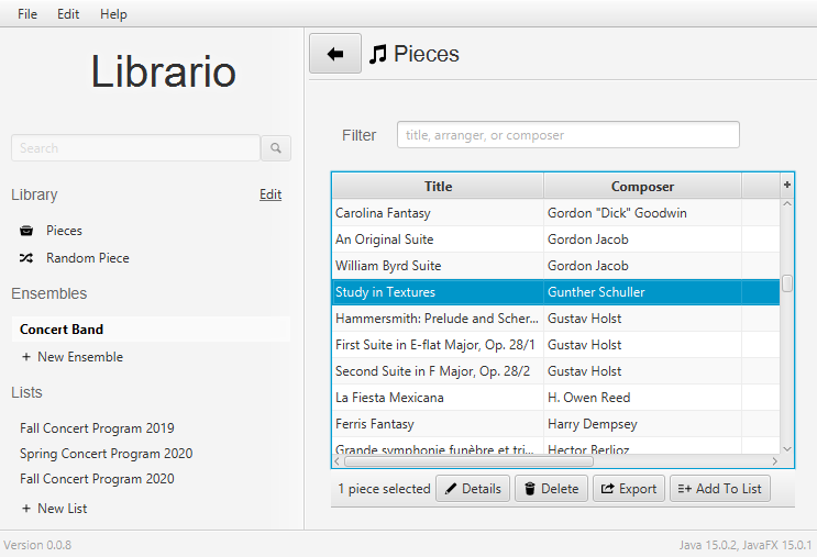 A screenshot of Librario showing the 'pieces' screen.